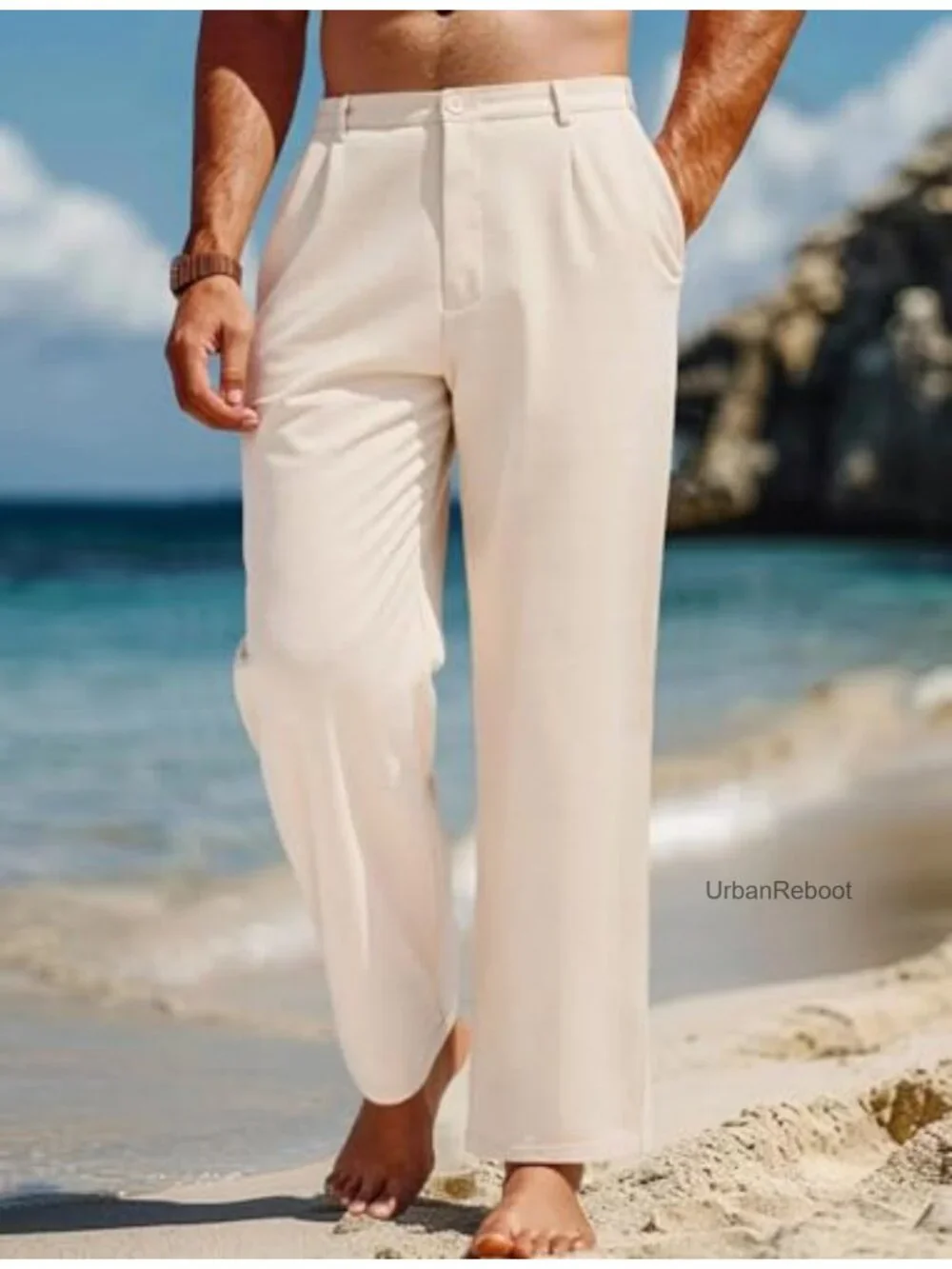 Mens Linen Blend Pants Casual Summer Elastic Waist Lightweight Loose Fit